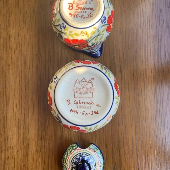 Authentic Handmade Polish Pottery UNIKAT Sugar Bowl with Lid & Matching Creamer - Picture 3 of 7